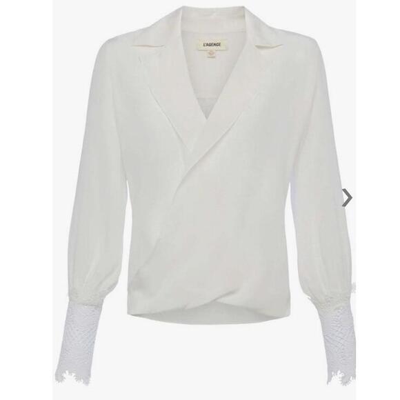 New L'AGENCE Blouse Size L Ivory Joah Surplice Lace Cuff Elegant Chic Feminine